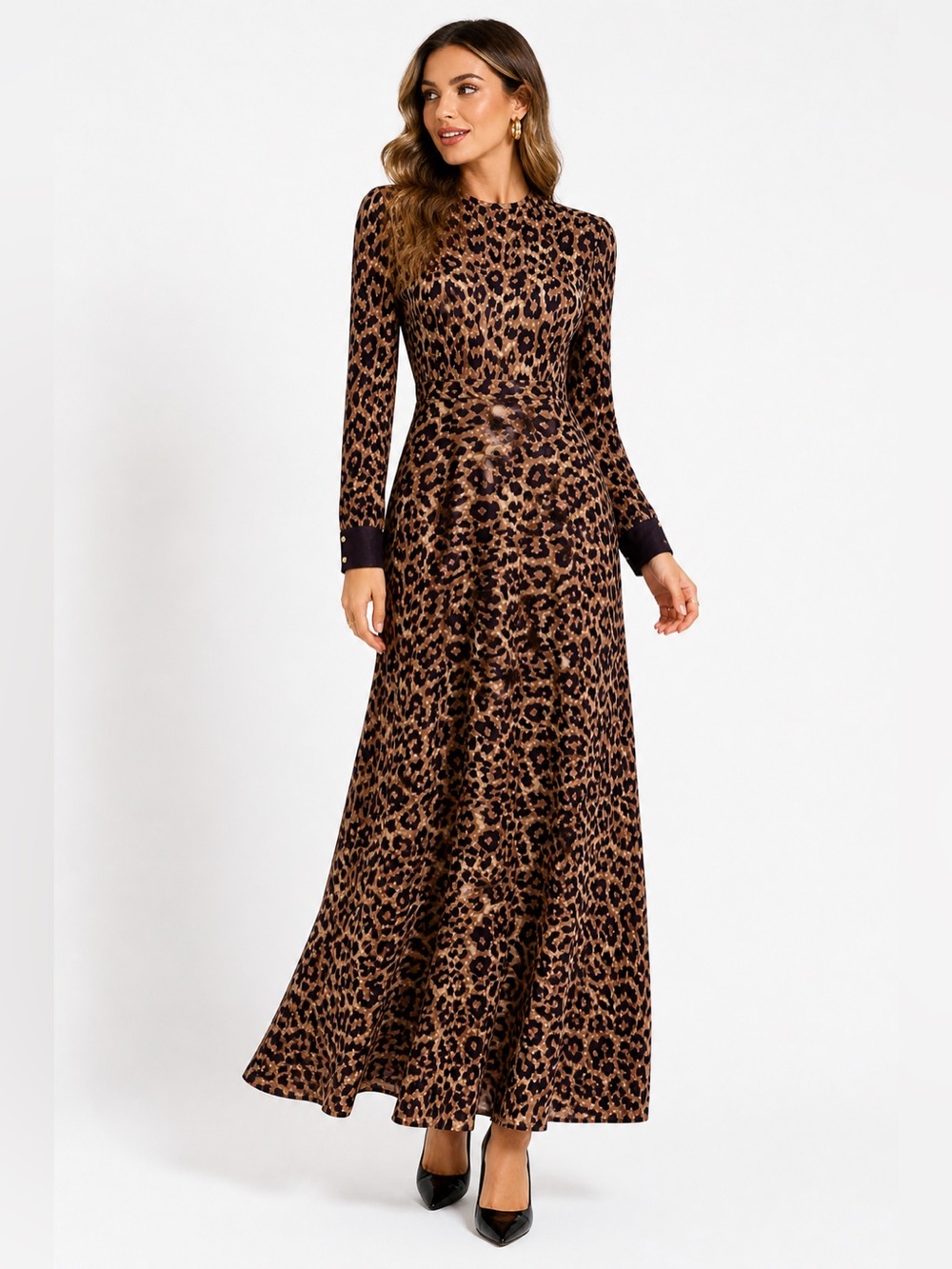 Leopard Print Maxi Dress Long Sleeve Mermaid Hem Boutique Glam Animal Print